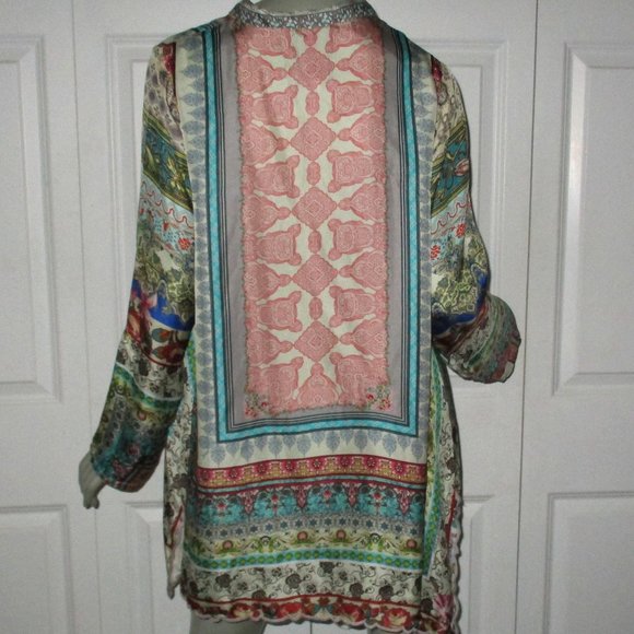 JOHNNY WAS Multi-Color Multi-Pattern Rayon Roll-Tab Sleeve Tunic Blouse - Picture 4 of 6